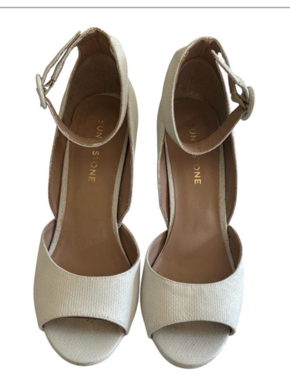SUN + STONE Women's Size 7.5 Ankle Strap Heel Sandals Cream Off-White Peep Toe